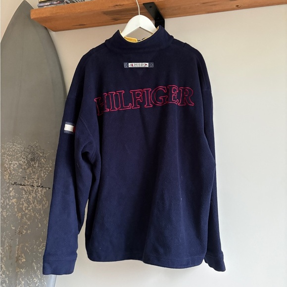Vintage TOMMY HILFIGHER quarter zip up fleece Backprint embroided XL - Picture 2 of 4